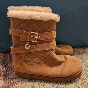 Guess Brown Faux Suede‎ Quilted Winter Boots Faux Fur Trim Womens